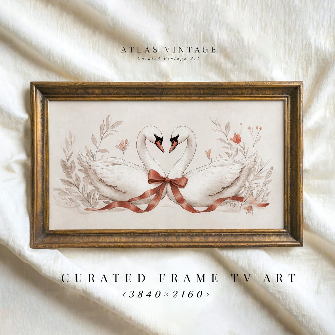 Two Swans Heart Shape Necks Red Ribbon Botanical Valentines Day Print - Image 5