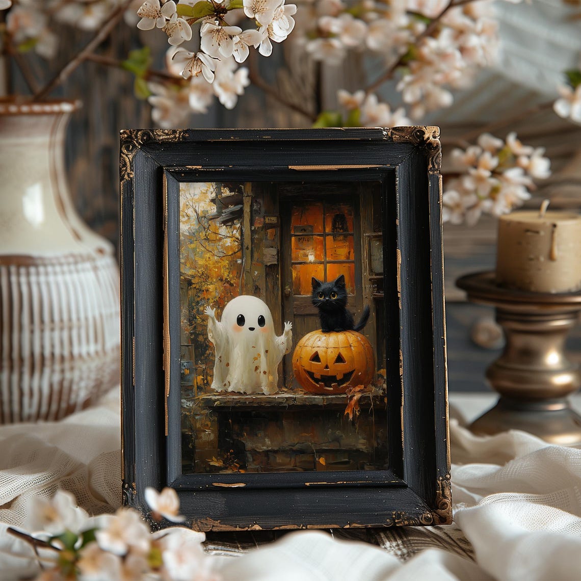 Vintage Cute Ghost Black Cat Pumpkin Halloween Print Spooky Ghost Painting Autumn Wall Art Dark Funny Fall Decor - Image 7