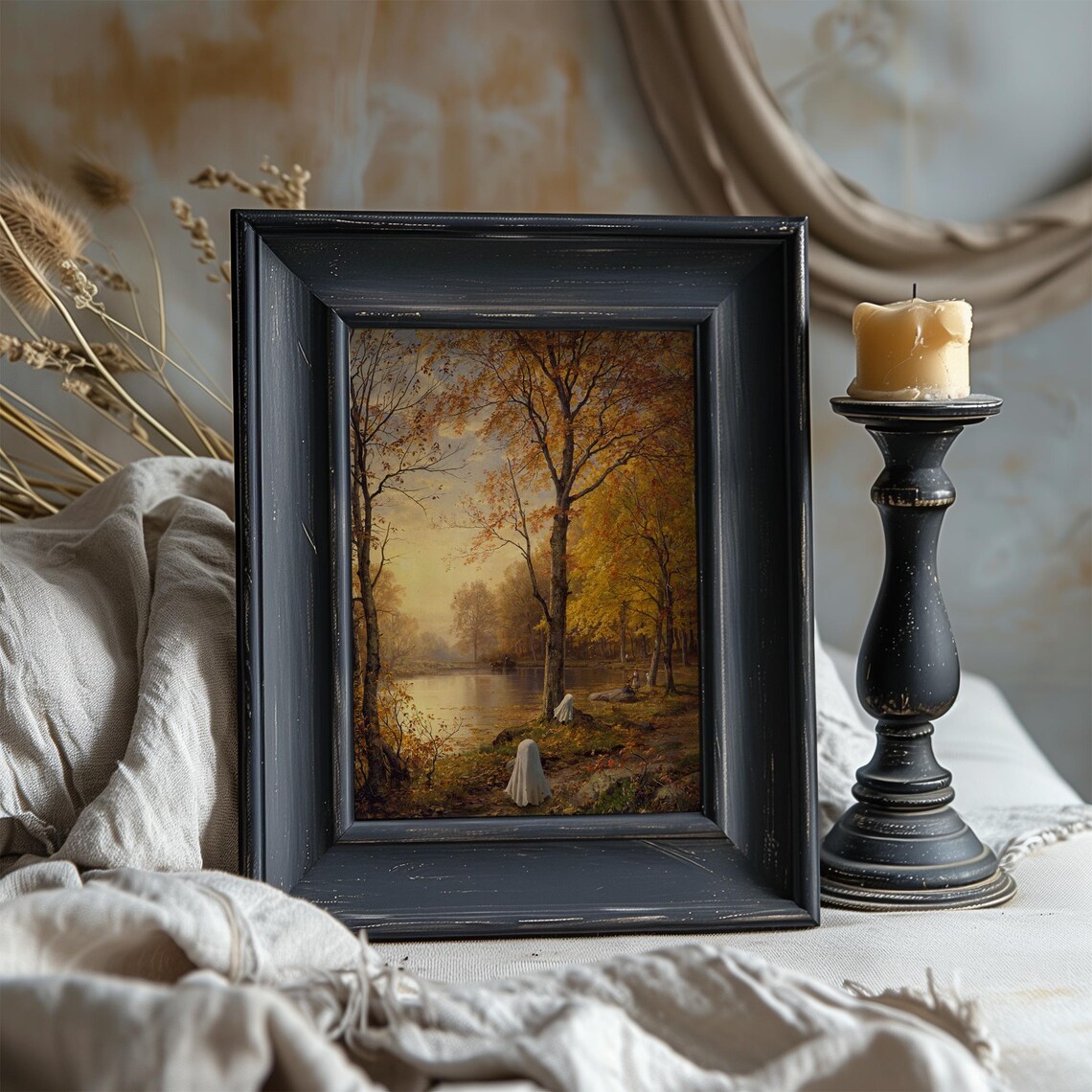 Two Cute Ghosts Golden Autumn Lake Forest Vintage Halloween Landscape Poster - Image 6
