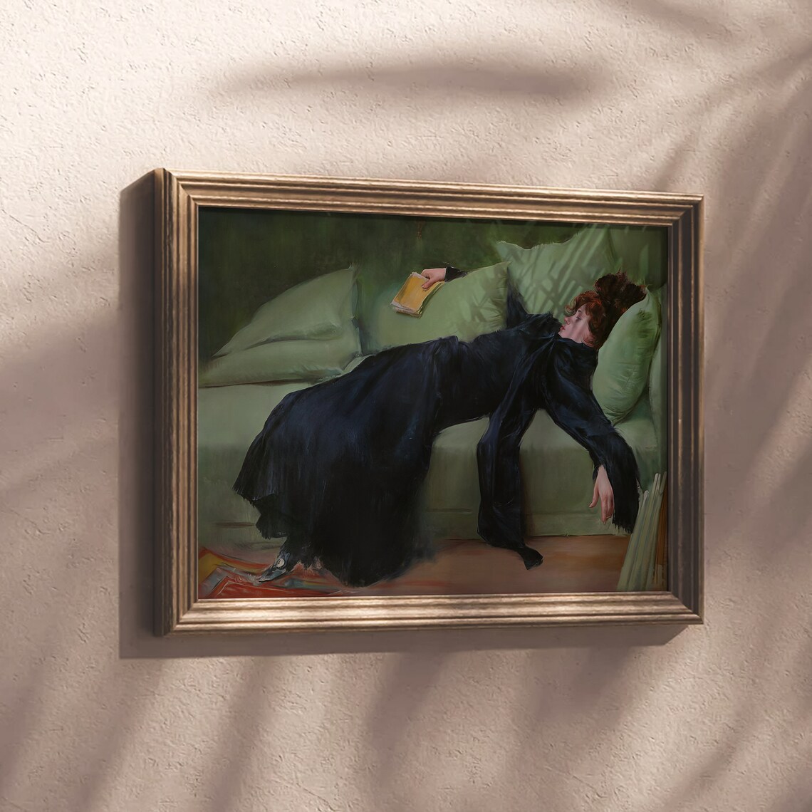 Moody Victorian Woman Portrait Dark Dress on Green Sofa Classic Art Poster - Image 6