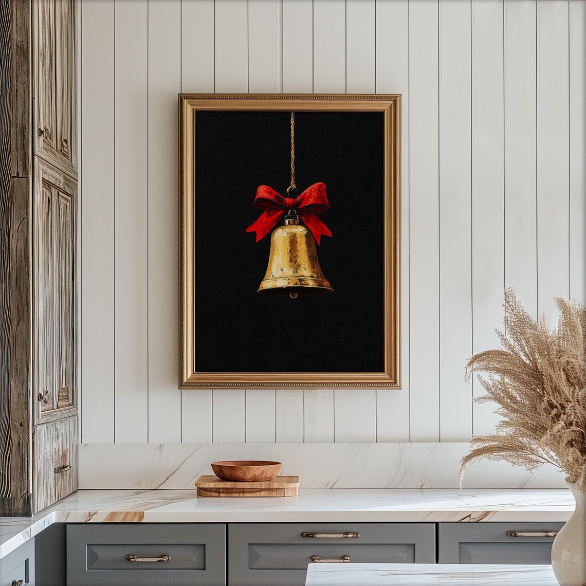 Antique Golden Bell with Red Bow Vintage Christmas Painting Poster - Image 3