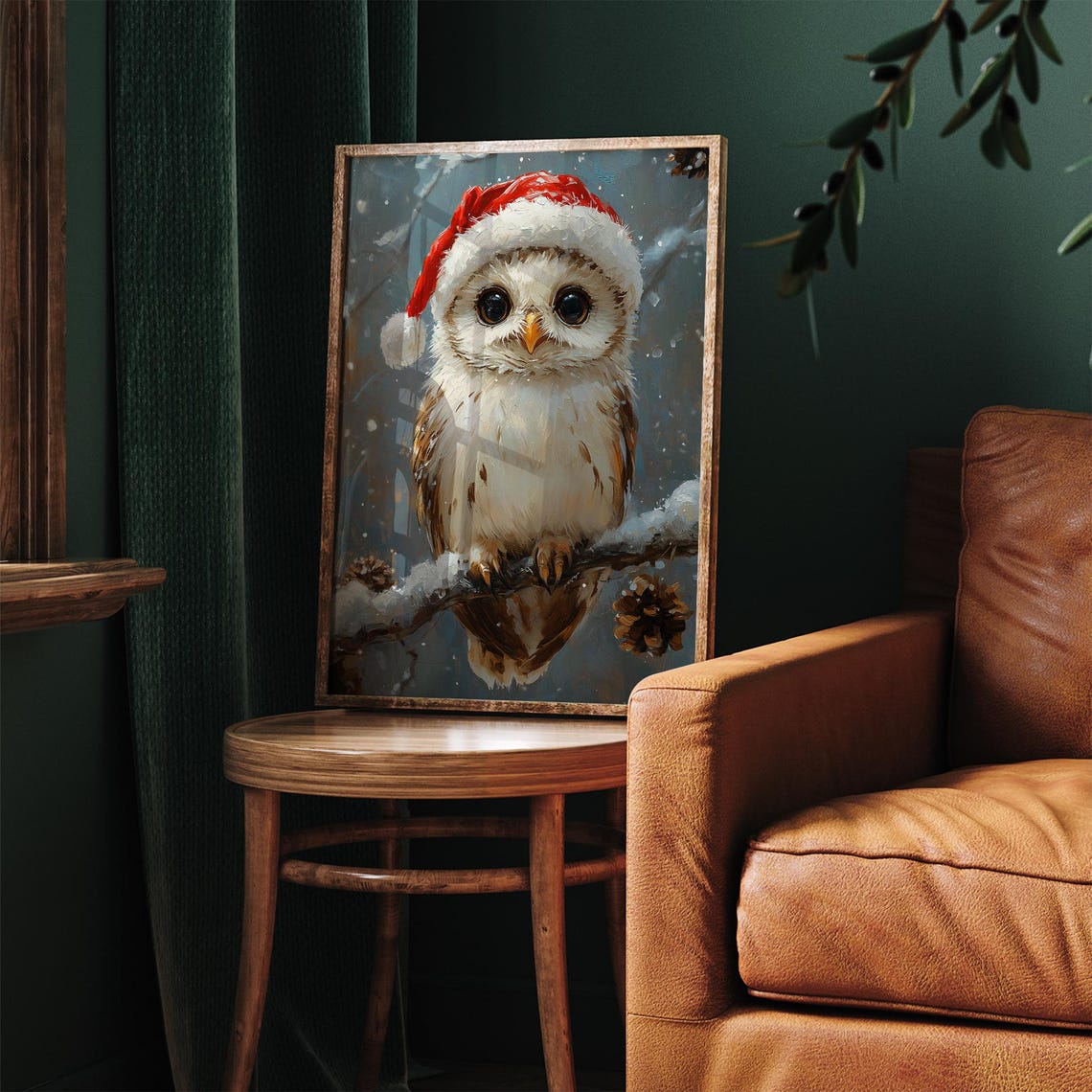 Cute Owl Santa Hat Winter Painting Snowy Christmas Bird Poster - Image 4