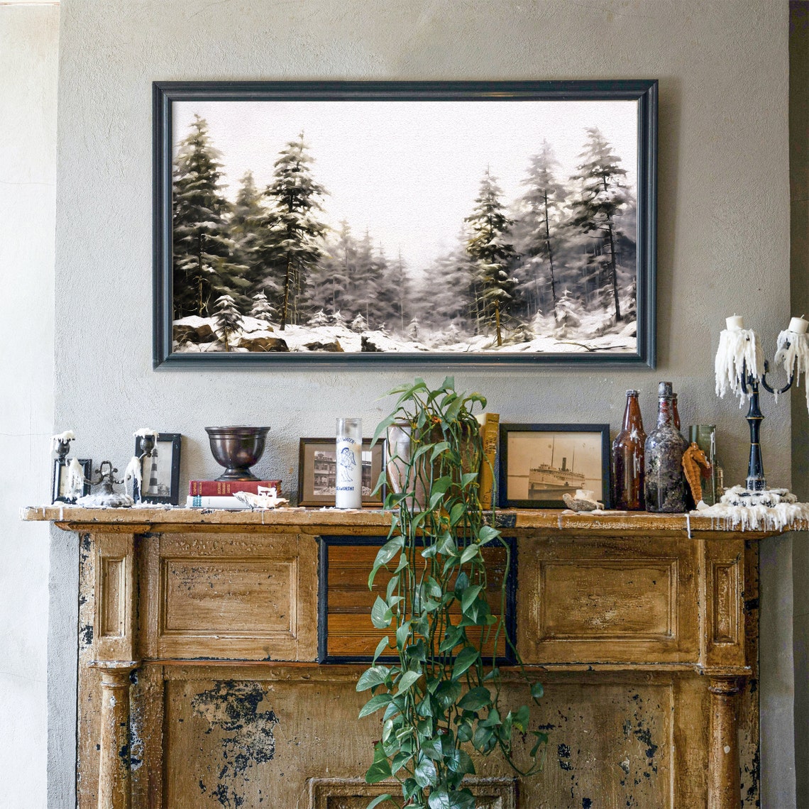 Snowy Pine Forest Misty Winter Trees Vintage Landscape Poster - Image 5