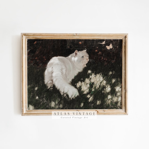 White Cat Among Dark Flowers Butterflies Vintage Oil Painting Poster