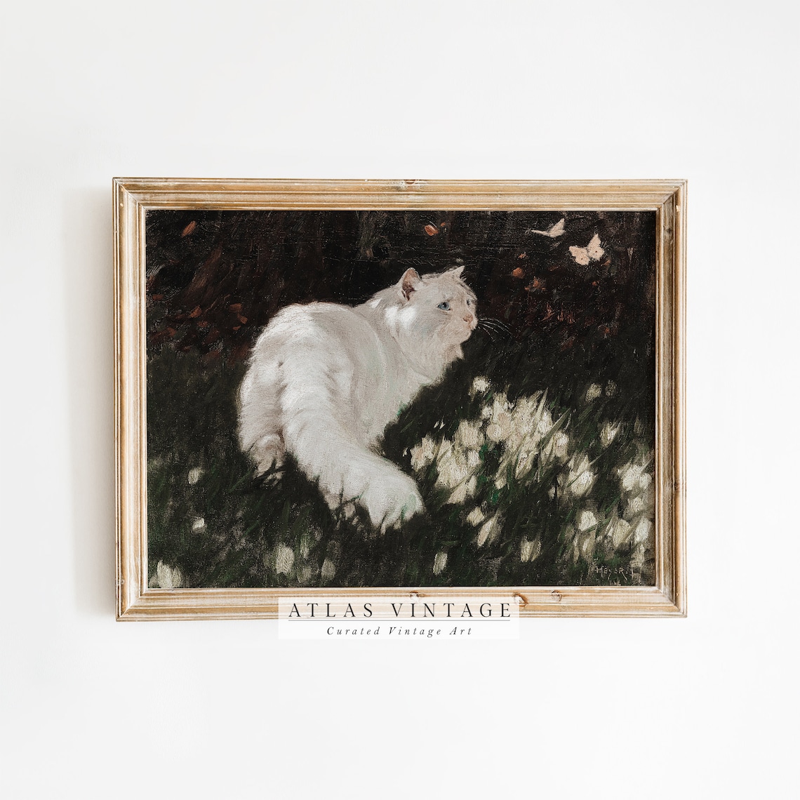 White Cat Among Dark Flowers Butterflies Vintage Oil Painting Poster