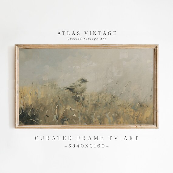 Songbird in Golden Field Soft Neutral Vintage Nature Art Poster