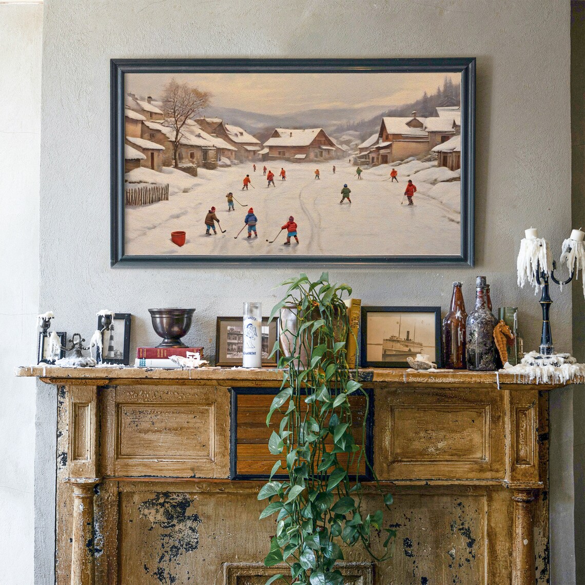 Vintage Christmas Frame Tv Art Winter Village Frame Tv Holiday Screensaver Hockey Players Landscape Painting - Image 7