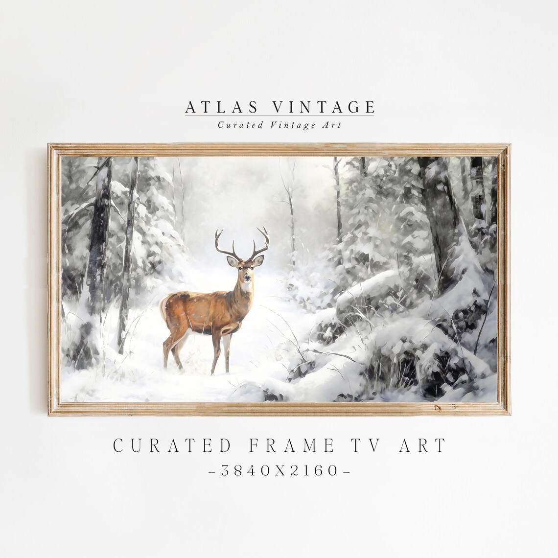 Deer in Snowy Winter Forest Painting Buck with Antlers Art Poster - Image 7