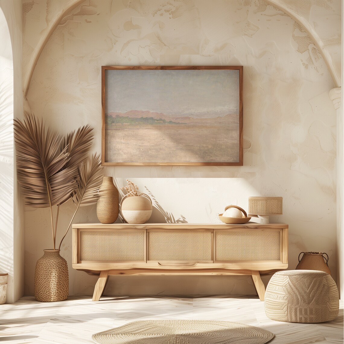 Warm Desert Plain Distant Pink Hills Muted Tonal Landscape Painting Wall Art - Image 8
