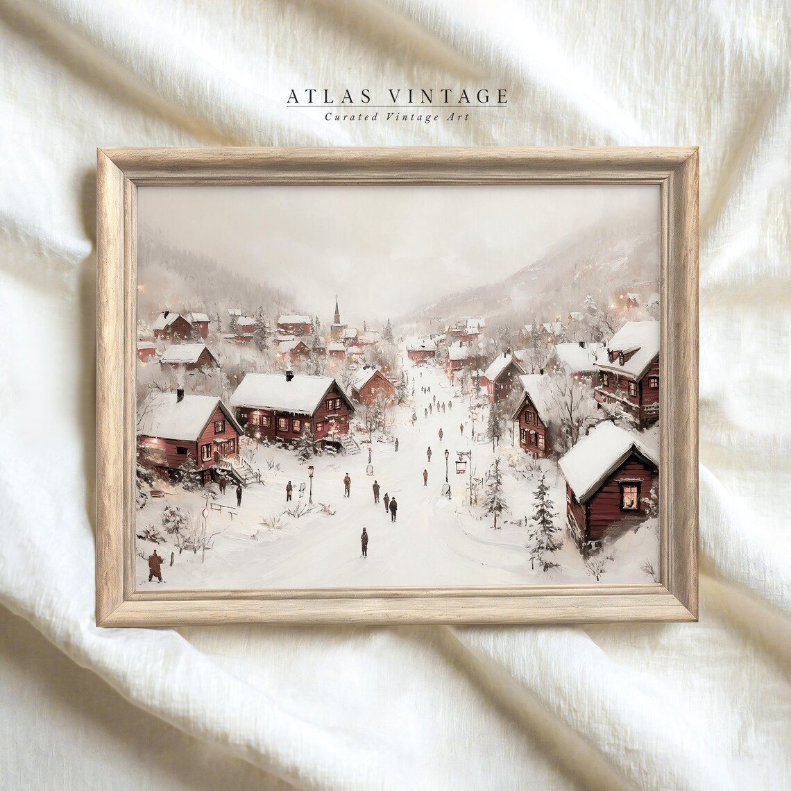 Snowy Red Cabin Village Oval Painting Winter Holiday Scene Poster - Image 5