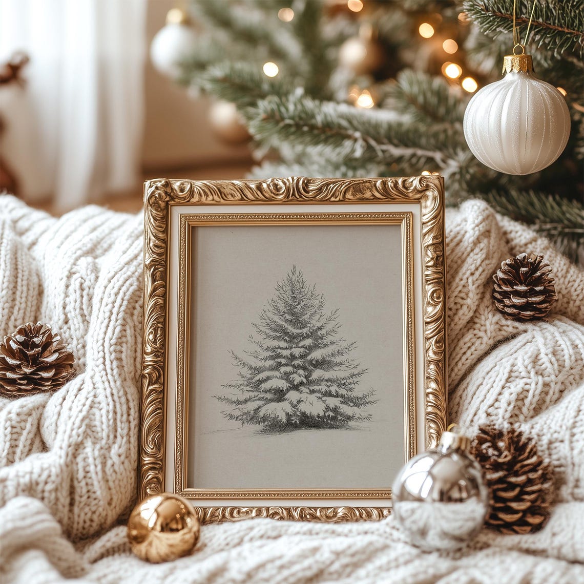 Snow Covered Pine Tree Pencil Sketch Minimal Winter Drawing Poster - Image 8