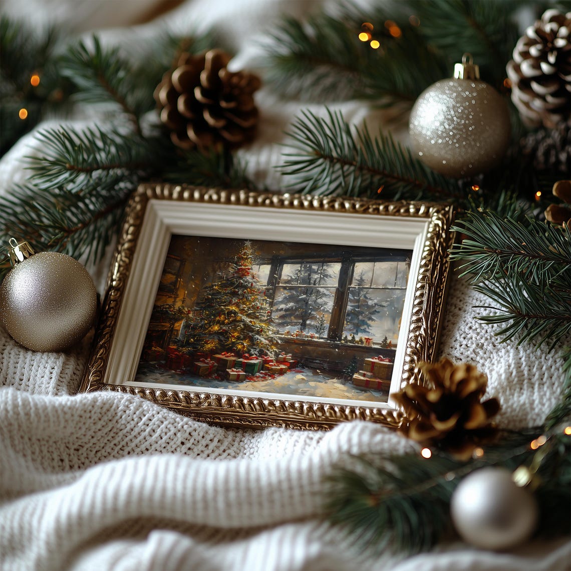 Cozy Christmas Tree with Gifts Painterly Holiday Window Scene Poster - Image 6