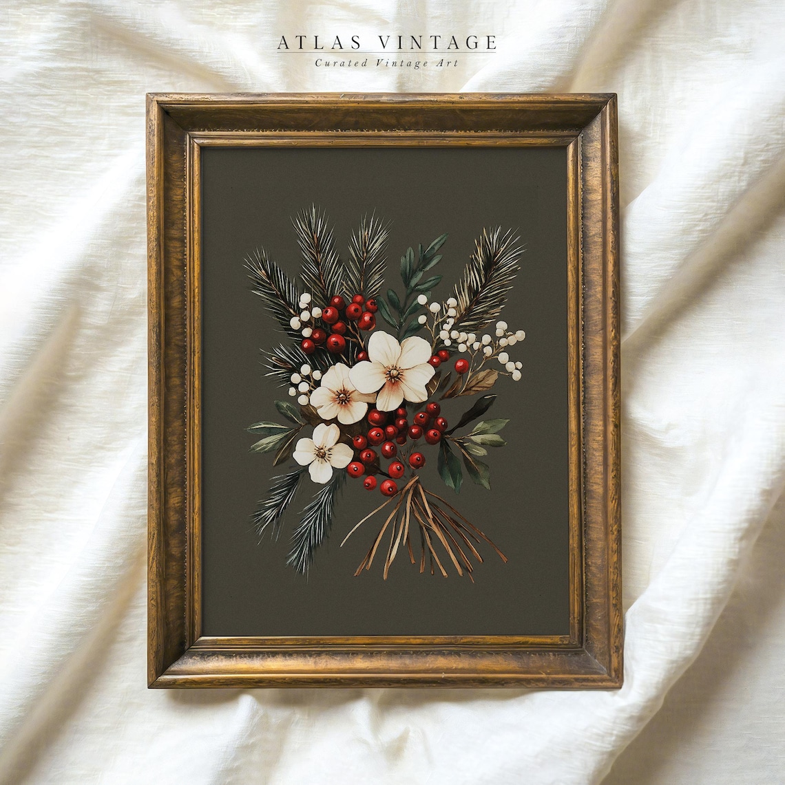 Winter Pine and Red Berry Bouquet Vintage Christmas Floral Poster