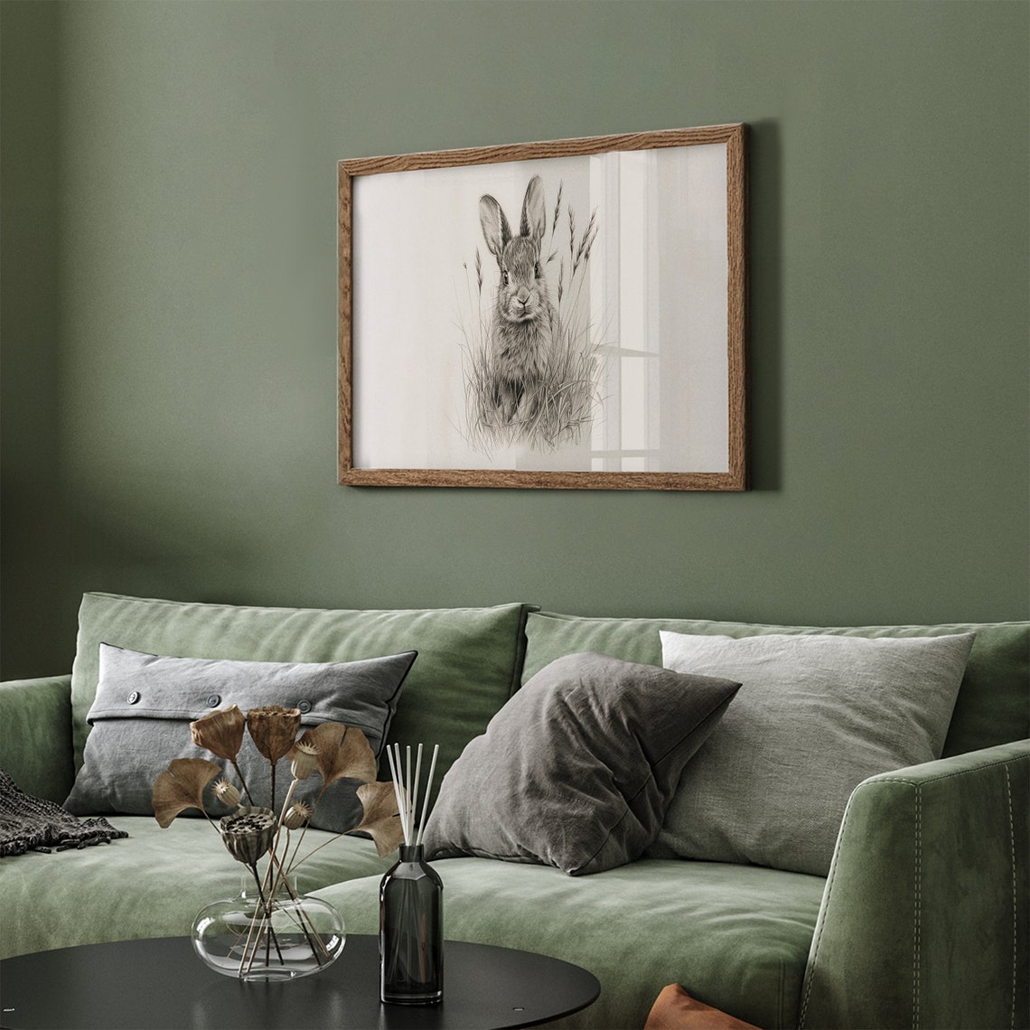 Vintage Bunny Sketch Poster Pencil Drawing Rabbit in Grass Art - Image 2