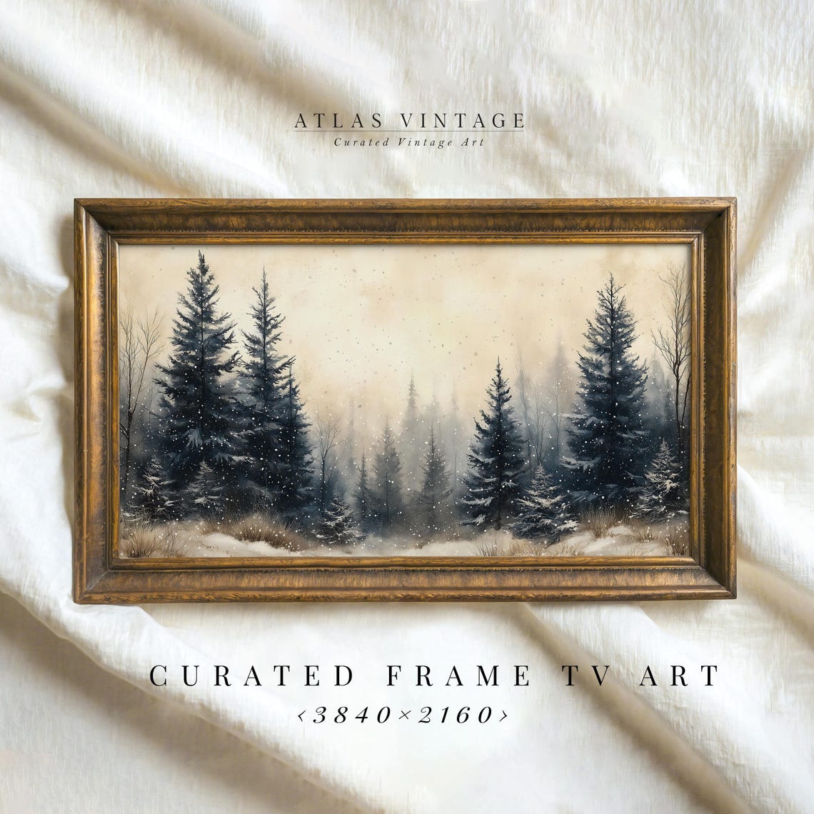 Misty Snowy Pine Forest Frame TV Art Winter Trees Falling Snow Poster