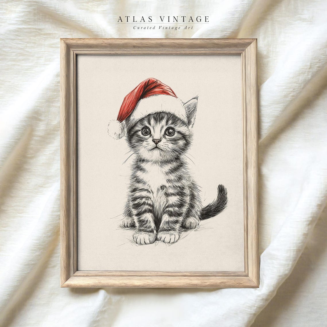 Kitten in Santa Hat Sketch Cute Tabby Cat Christmas Drawing Poster - Image 2