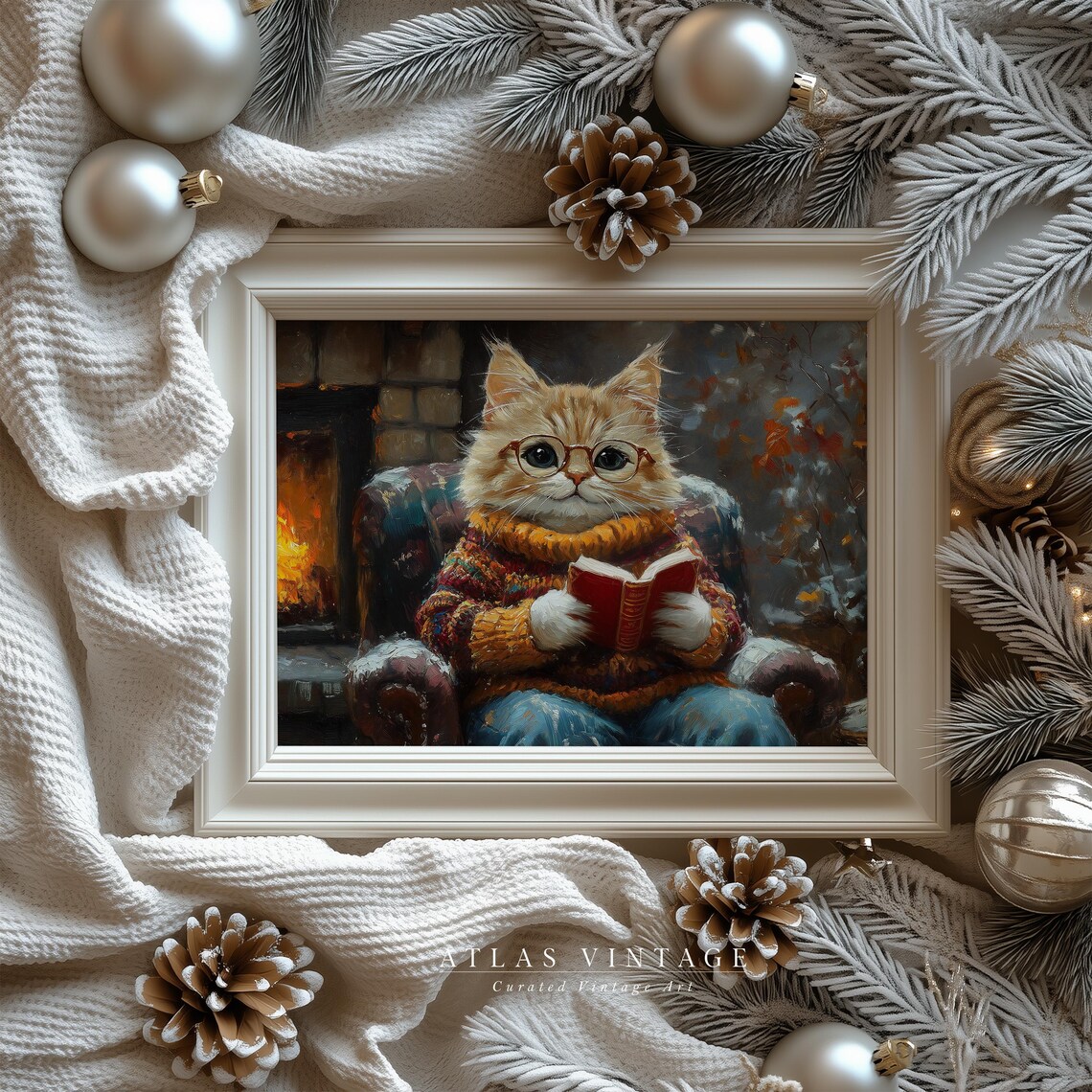 Cute Kitten Reading Book Poster Cozy Winter Fireplace Cat Art - Image 7