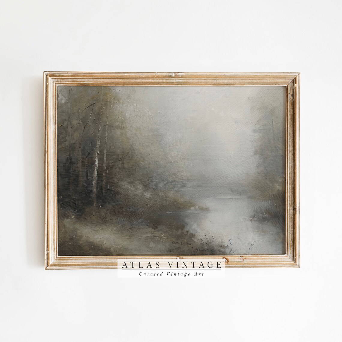 Dark Moody Forest River Vintage Landscape Painting Rustic Print
