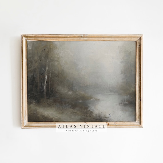 Dark Moody Forest River Vintage Landscape Painting Rustic Print