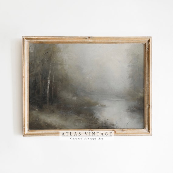 Vintage Dark Abstract Landscape Print Muted Neutral River Painting Rustic Summer Scenery Decor Moody Forest Wall Art