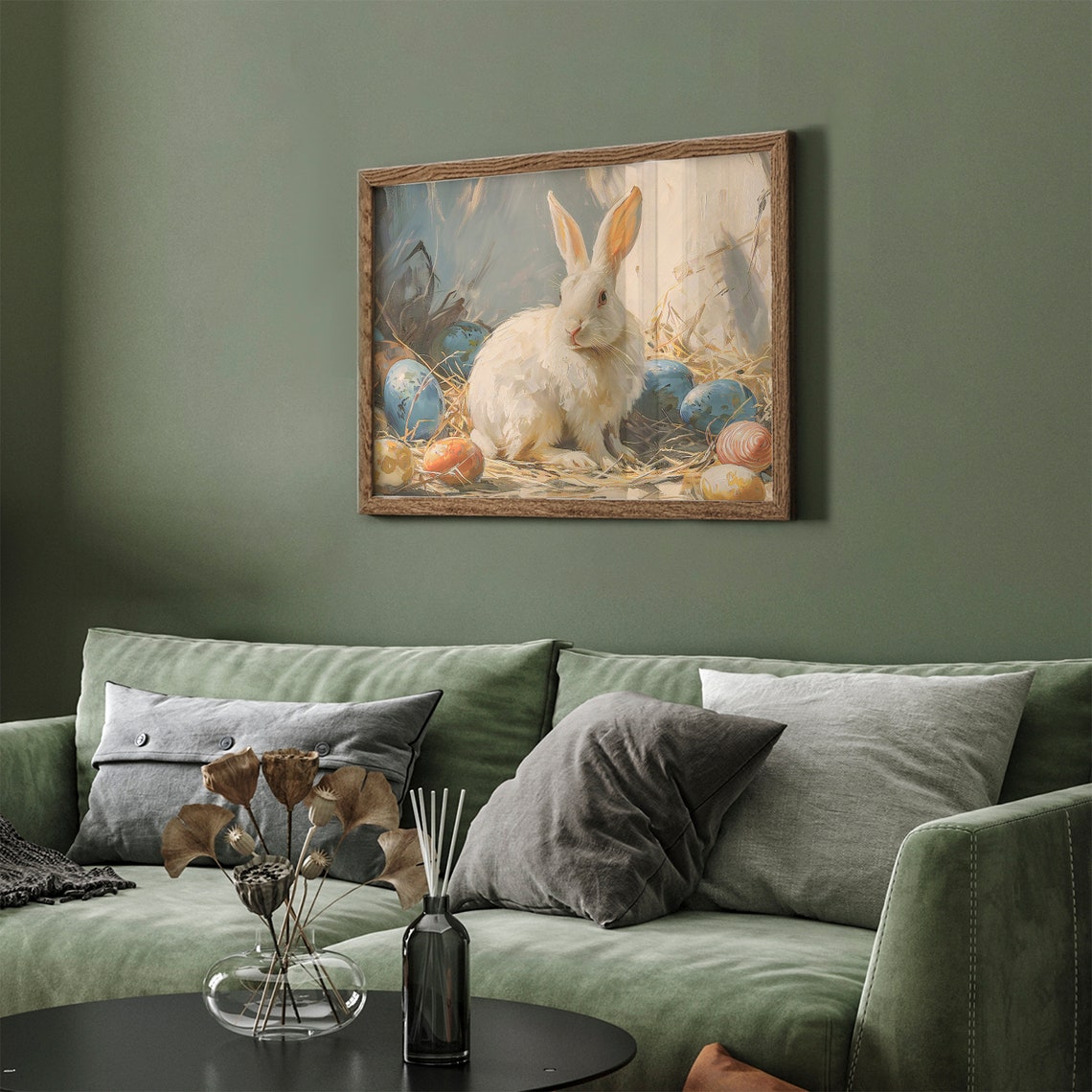 White Rabbit with Easter Eggs in Straw Nest Oil Painting Poster - Image 3