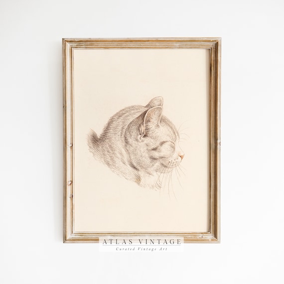 Sleeping Cat Head Pencil Sketch Minimalist Sepia Drawing Poster