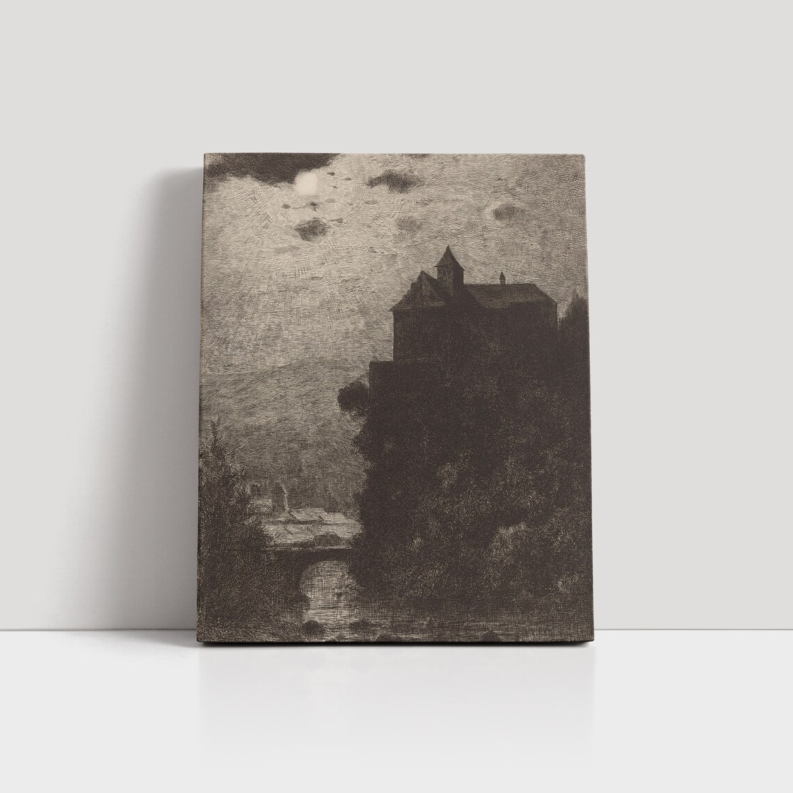 Dark Moody Castle on a Hill at Night Monochrome Vintage Gothic Poster - Image 4