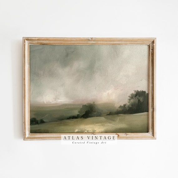 Moody Dark Green Landscape Print Vintage Country Field Wall Art Spring Scenery Tree Painting Rustic Earthy Summer Decor