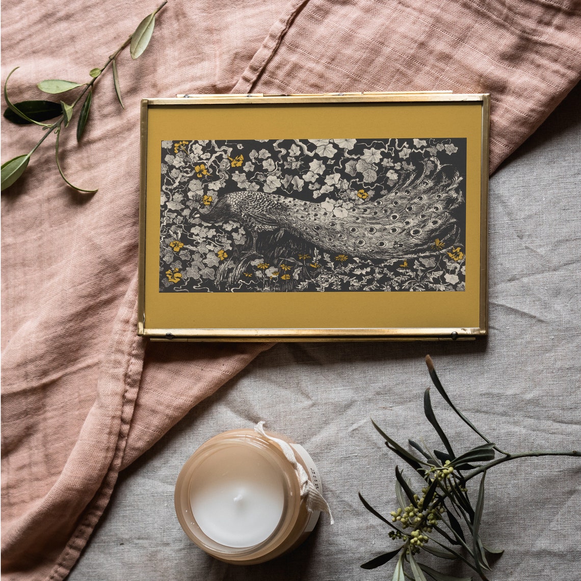 Art Nouveau Peacock Vintage Engraving Black and White Bird Poster - Image 3