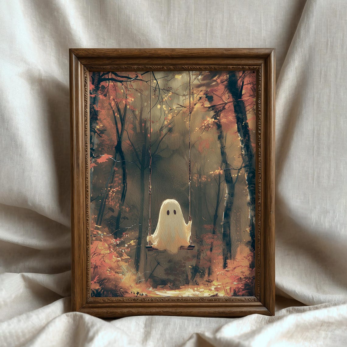 Vintage Cute Halloween Ghost On The Swing Print Spooky Ghost Painting Funny Autumn Cottagecore Decor Gothic Fall Wall Art - Image 7