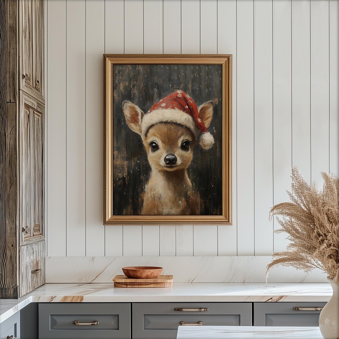 Cute Baby Deer in Santa Hat Vintage Christmas Fawn Painting Poster - Image 3