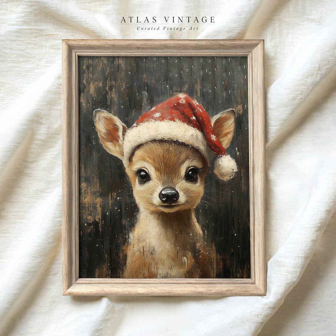 Cute Baby Deer in Santa Hat Vintage Christmas Fawn Painting Poster - Image 2