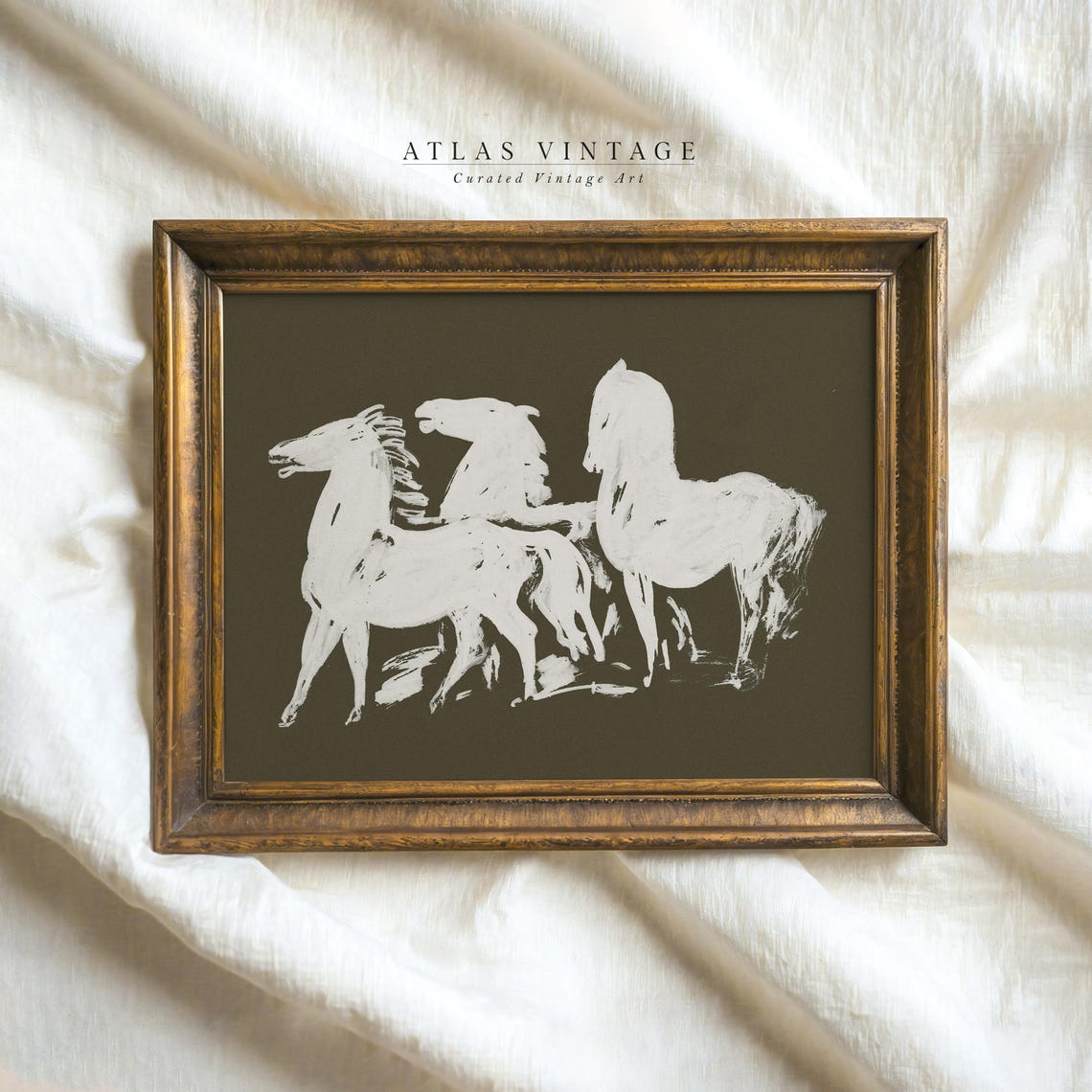 Three White Horses Sketch on Dark Olive Equestrian Vintage Wall Art