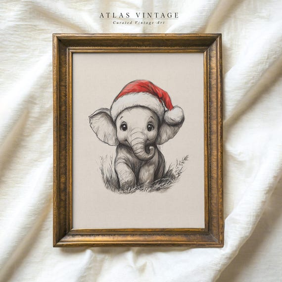 Baby Elephant In Santa Hat Sketch Print Vintage Animal Christmas Decor Cute Elephant Drawing Print Neutral Nursery Xmas