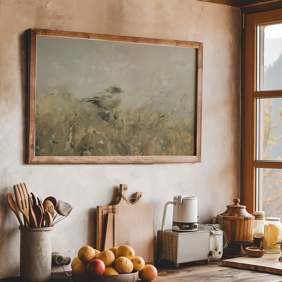 Muted Beige Songbird Meadow Oil Painting Vintage Neutral Field Study Poster - Image 8