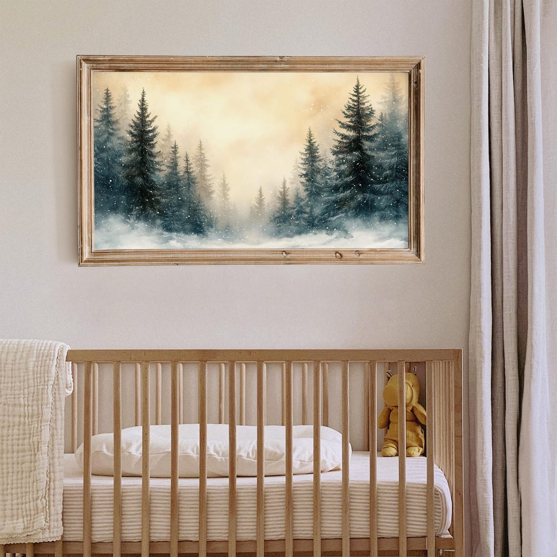Tall Pines in Snowy Mist With Golden Sky Vintage Frame TV Art Poster - Image 5