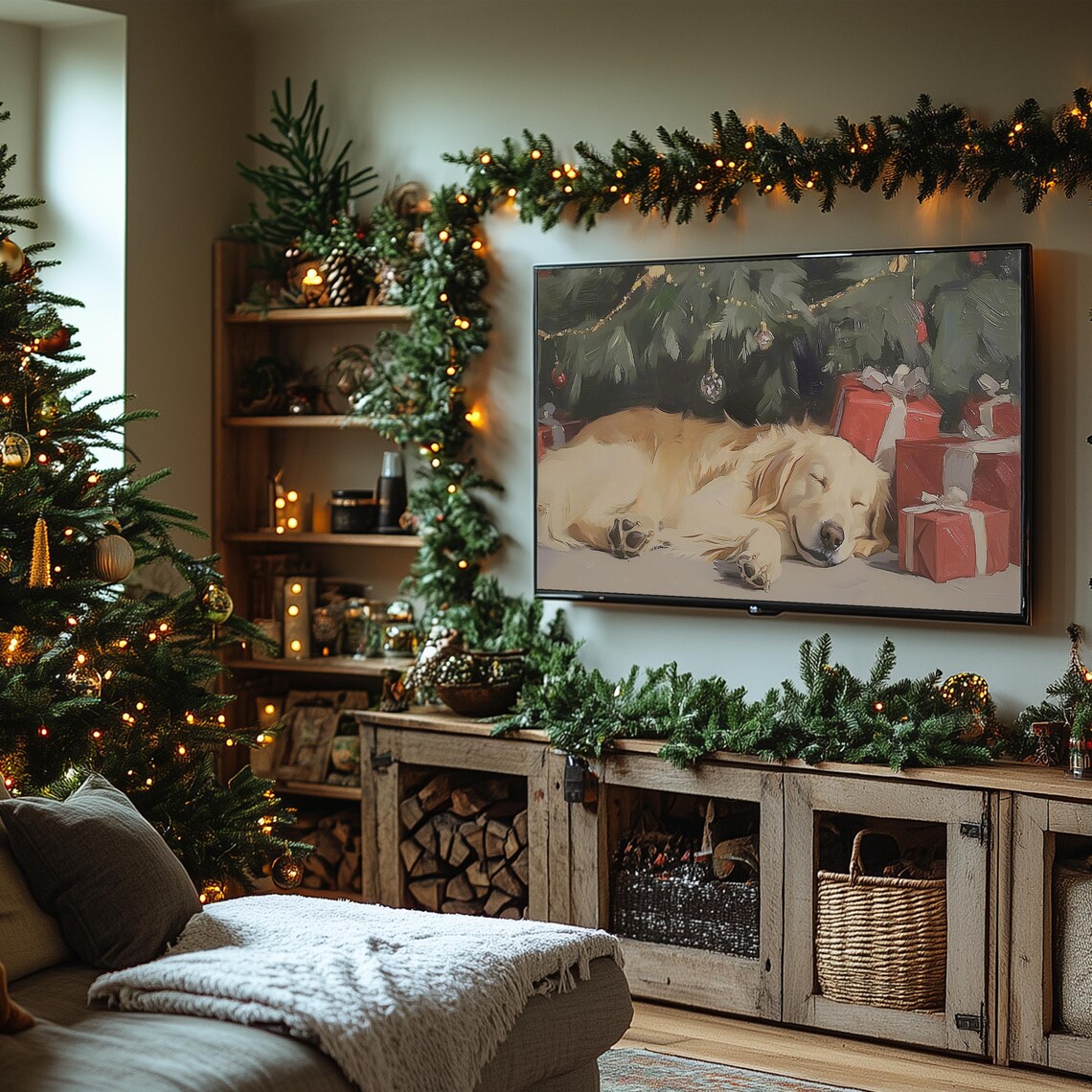 Golden Retriever Sleeping Under Christmas Tree Holiday Dog Poster - Image 2
