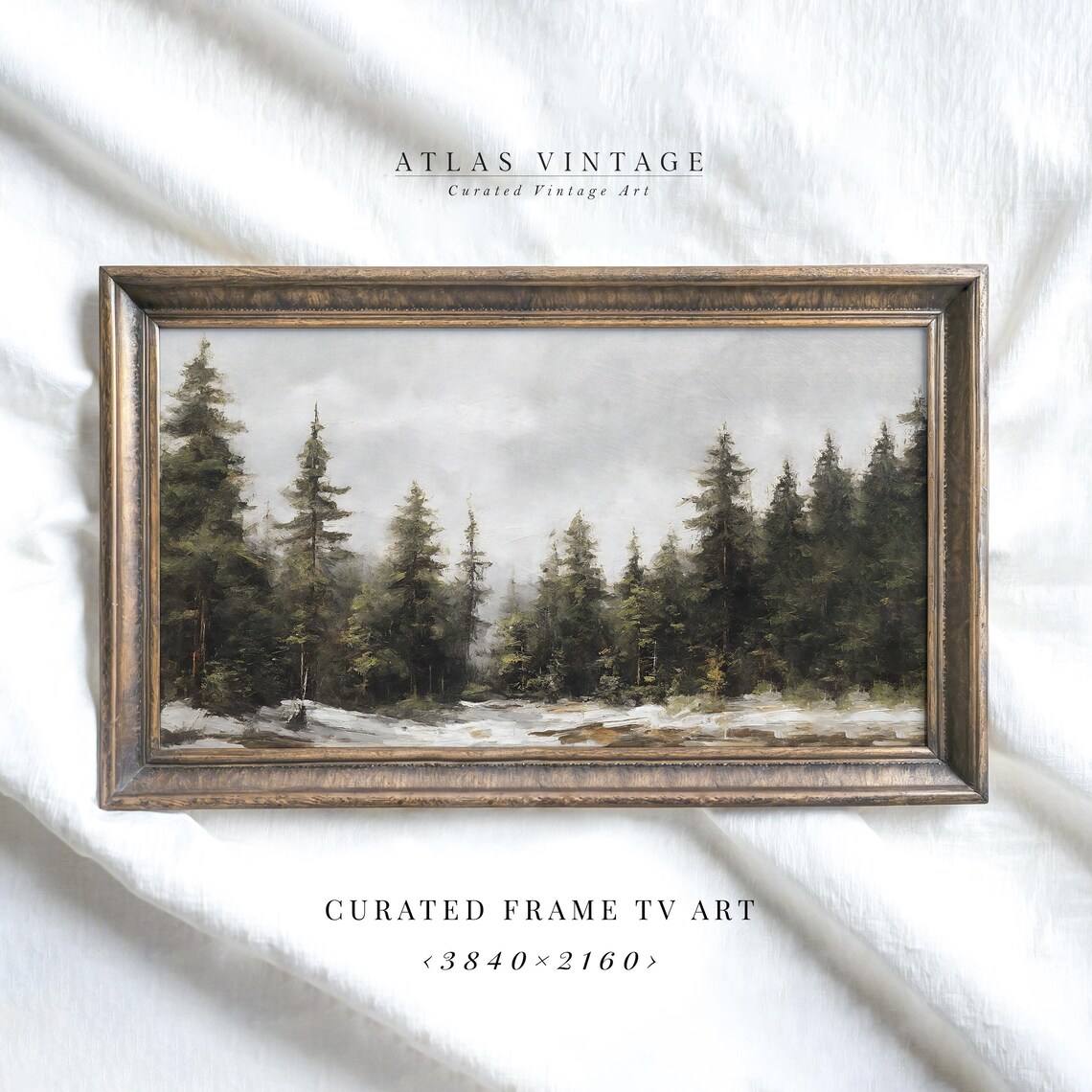 Snowy Winter Pine Forest Landscape Moody Trees Oil Style Poster