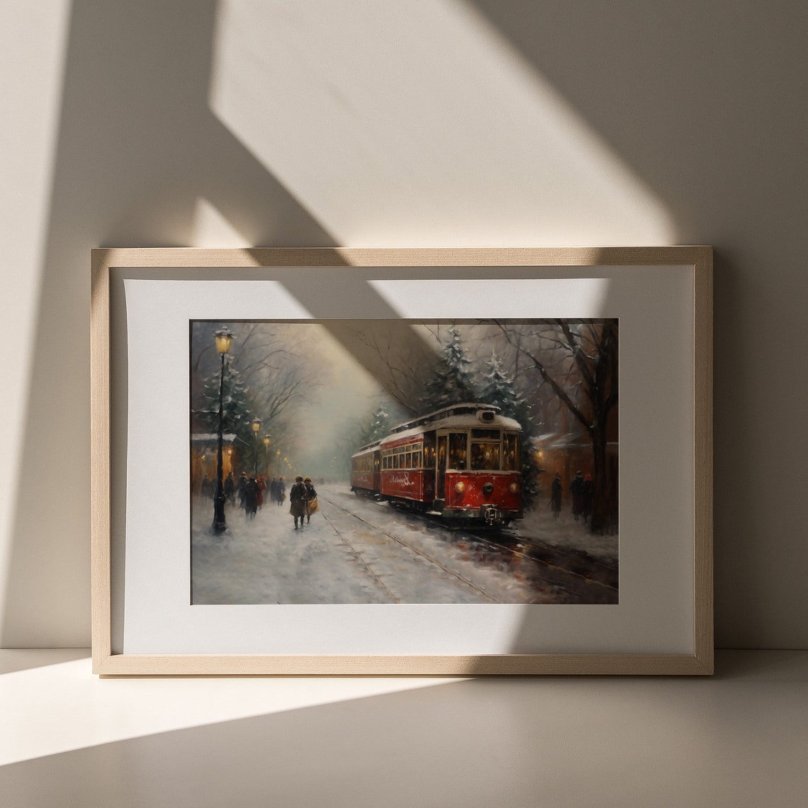 Vintage Red Tram Gliding Through Snowy Winter Street Painting Poster - Image 7