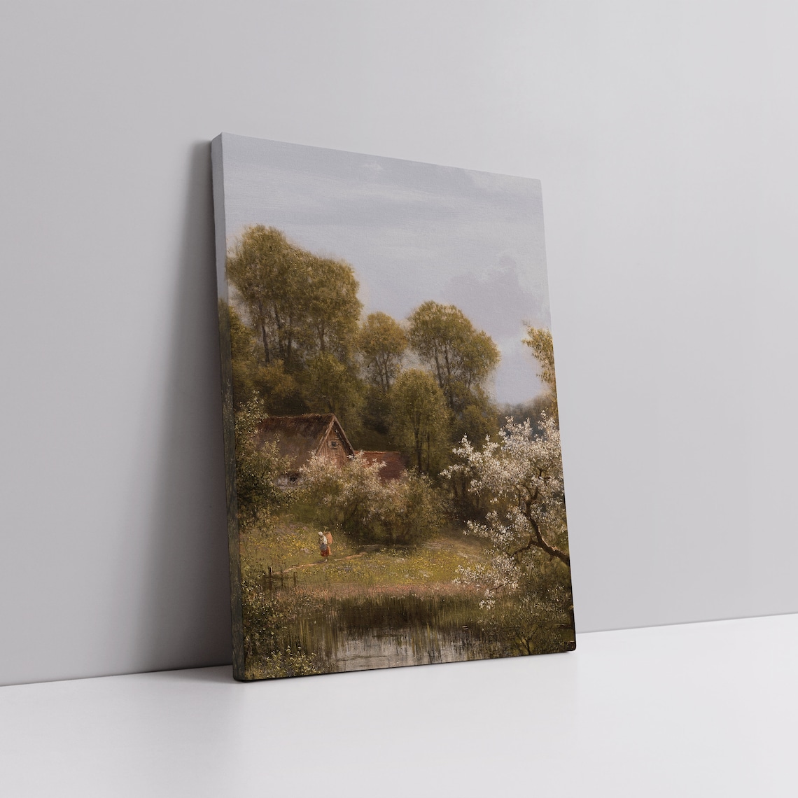 Vintage Country Cottage by Pond Spring Blossom Trees Landscape Art Poster - Image 7