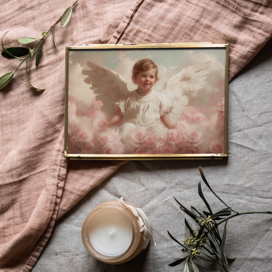 Vintage Cherub Angel Child Among Pink Roses Romantic Nursery Poster - Image 4