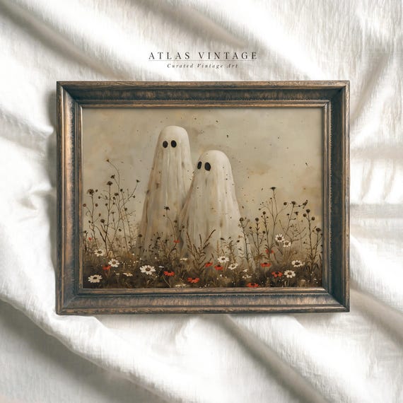 Vintage Cute Ghosts In Wildflower Meadow Print Spooky Halloween Fall Painting Wall Art Moody Ghosts Autumn Decor