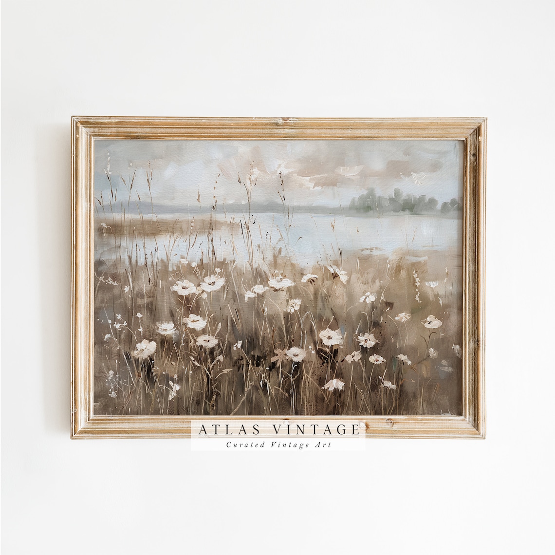 White Wildflowers by the Water Vintage Lakeside Meadow Floral Art Poster