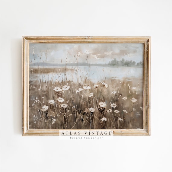 White Wildflowers by the Water Vintage Lakeside Meadow Floral Art Poster