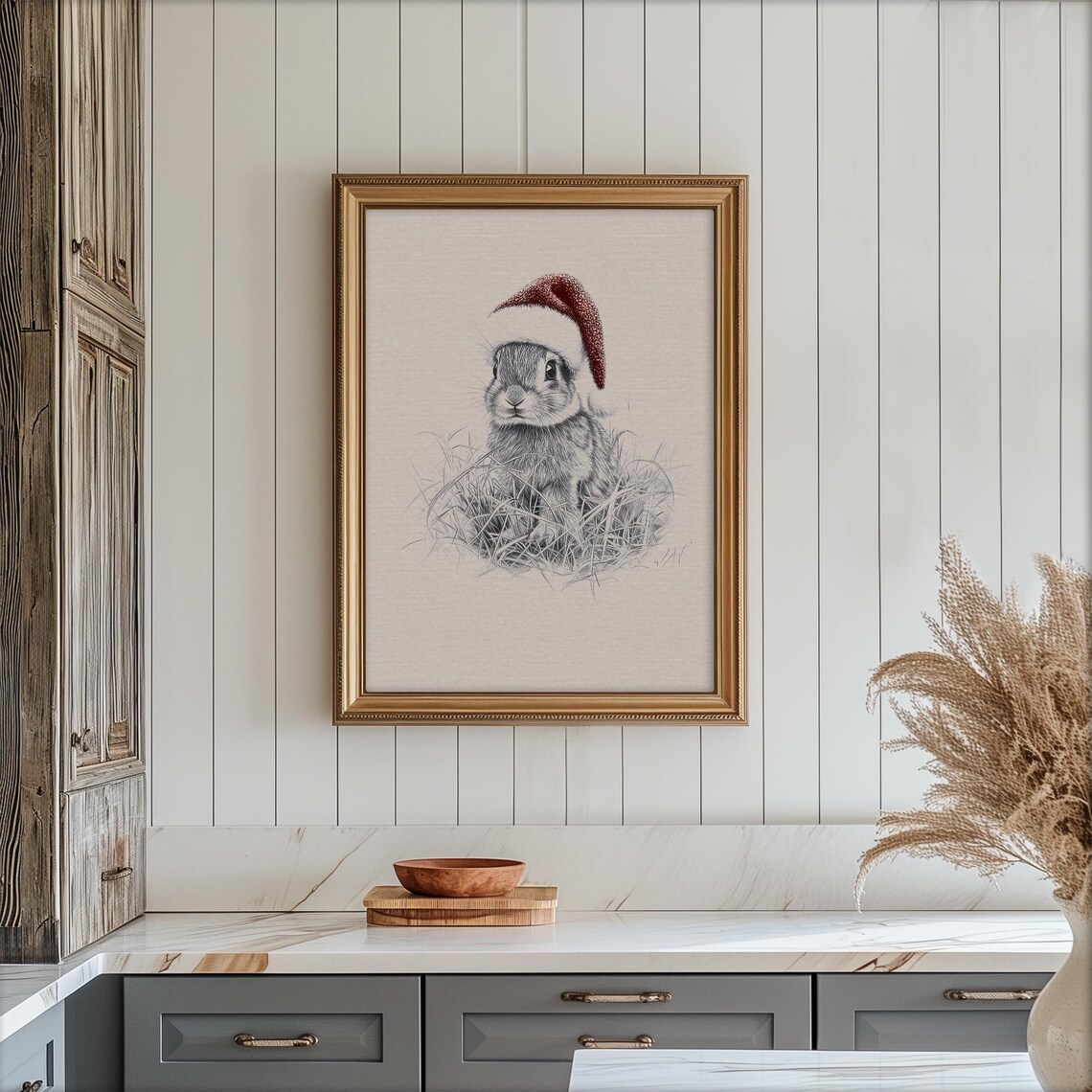 Baby Rabbit Santa Hat Sketch Christmas Vintage Animal Drawing Poster - Image 5