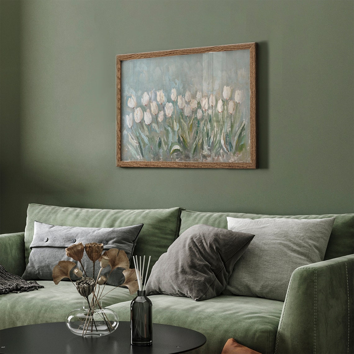 White Tulips Field Sage Blue Floral Painting Spring Frame TV Wall Art - Image 5