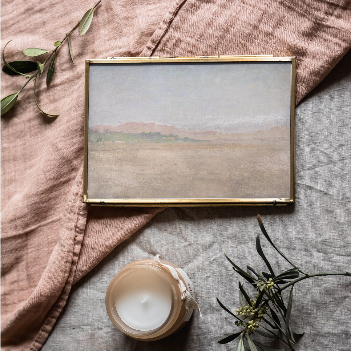 Warm Desert Plain Distant Pink Hills Muted Tonal Landscape Painting Wall Art - Image 3