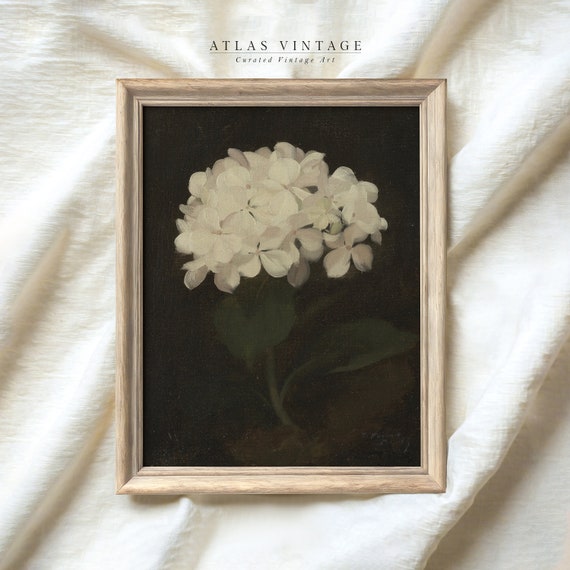 Vintage Hydrangea Painting Dark Moody Botanical Art Print Antique Flower Wall Decor