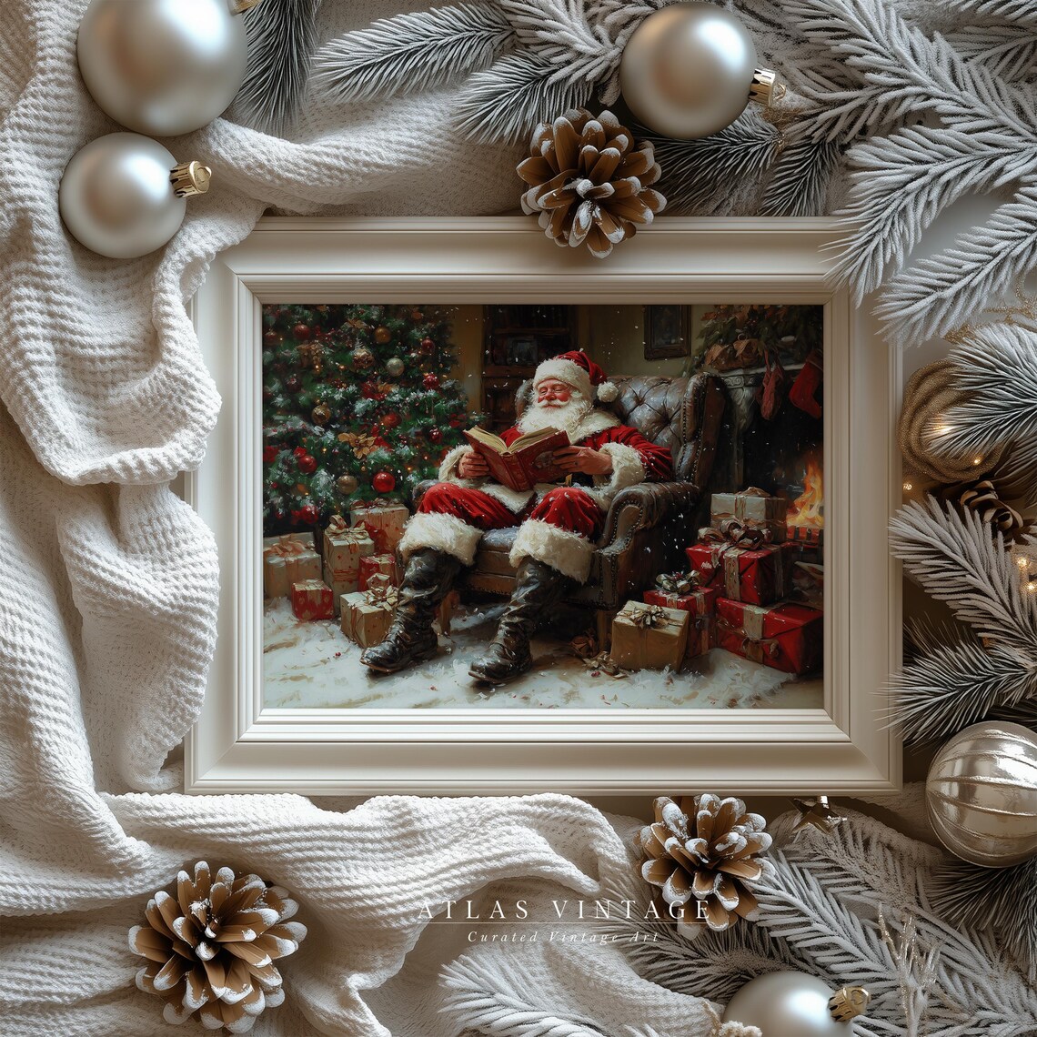 Santa Claus Reading by Fireplace Cozy Vintage Christmas Poster - Image 6