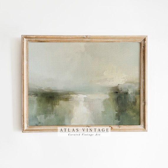 Green Modern Abstract Landscape Print Minimal Rustic Neutral Oil Painting Moody Beige Farmhouse Decor Earthy Summer Wall Art